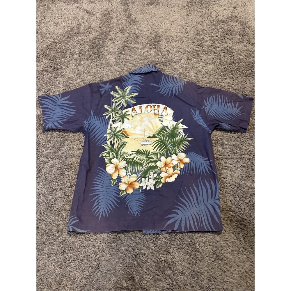 Hawaiian Shirt Mens Size M Blue Aloha Loop Collar Yacht Palm Trees High Sierra‎